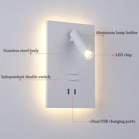 Led Reading Wall Lamp USB Mobile Phone Charging Creative Study Bedroom Bedside Lamp with Switchable Rotating Wall Lamp Reading Light Backlight Wall Sconce Light,White Light in Saudi Arabia