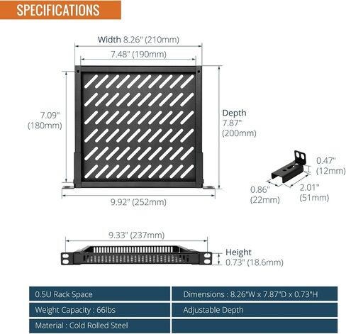 Tecmojo 0.5U Rack Shelf for 10" Server Rack & Cabinet, Adjustable 7.87-10.24" Depth, Vented Metal Tray, Heavy Duty Support up to 66 lbs, Enhanced Ventilation, Black in Saudi Arabia