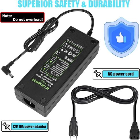 AC 100-240V إلى DC 12V 10A محول محول إمدادات الطاقة المحول 12 فولت 10 أمبير 120W مع 5.5 مم × 2.5 مم /2.1 مم مقبس الإخراج DC لـ 12V 5050 3528 LED شريط CCTV كاميرات 3D in Saudi Arabia