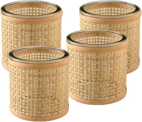 Serene Spaces Living Small Glass Hurricane Candle Holder Wrapped in Woven Rattan Cane, Candle Centerpieces for Tables, Wedding Reception Vases, Use for Living Room, Measures 6.25" Tall & 5" Diameter in Saudi Arabia