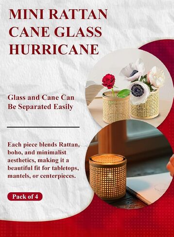 Serene Spaces Living Small Glass Hurricane Candle Holder Wrapped in Woven Rattan Cane, Candle Centerpieces for Tables, Wedding Reception Vases, Use for Living Room, Measures 6.25" Tall & 5" Diameter in Saudi Arabia