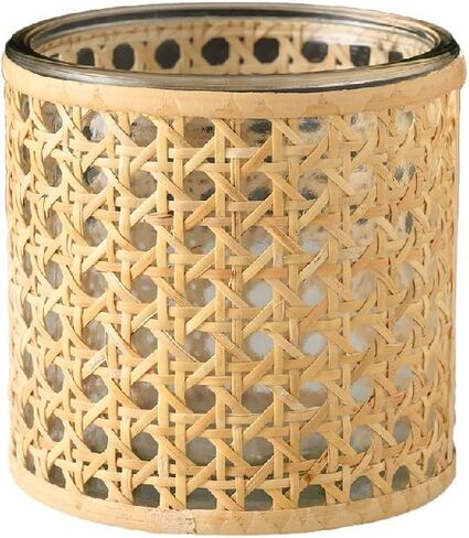 Serene Spaces Living Small Glass Hurricane Candle Holder Wrapped in Woven Rattan Cane, Candle Centerpieces for Tables, Wedding Reception Vases, Use for Living Room, Measures 6.25" Tall & 5" Diameter in Saudi Arabia