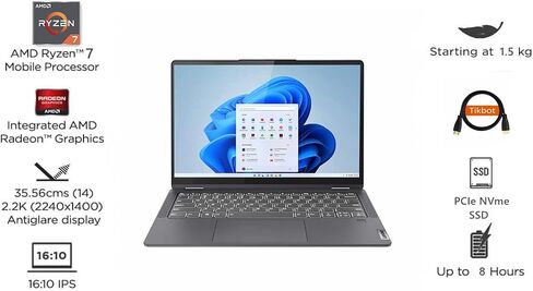 Lenovo Flex 5 14" 2-in-1 Touchscreen Laptop - AMD Ryzen 7 5700U - 16:10 2K QHD (2240 x 1400) 100% sRGB Display - 16GB RAM - 512GB PCIe SSD - Type-C - Fingerprint - Wi-Fi 6 – Win 11- w/HDMI Cable in Saudi Arabia