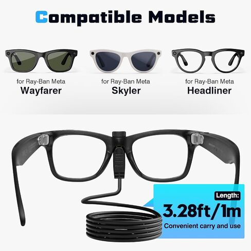 كابل الشحن من النوع-C لـ Rayban Meta Wayfarer/Skyler/Headliner Smart Classes ، كابل شاحن محمول متوافق مع نظارات Meta Rayban ، للحصول على ملحقات Rayban Meta ، 3.28 قدم in Saudi Arabia