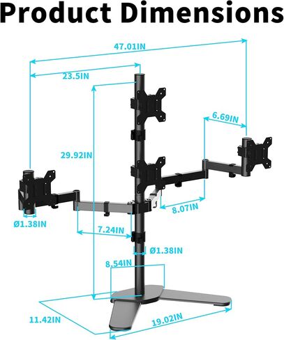 Pholiten Quad Monitor Freestanding Mount for 13-32 Inch Screens, Fully Adjustable 4 Monitor Stand with Base,Swivel, Tilt, Rotation,75 * 75MM/100 * 100MM Vesa Stand, Max Load 22lbs in Kuwait