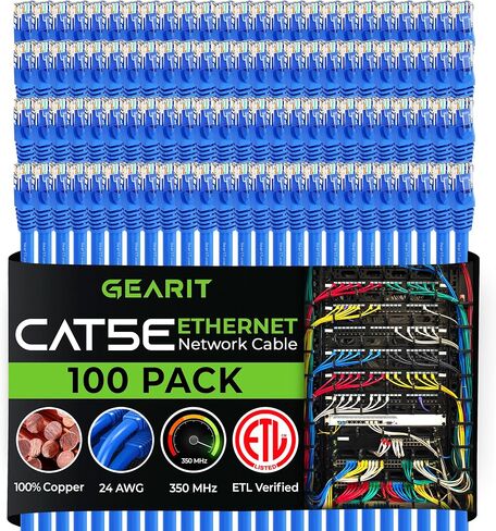 GearIT 100-Pack, Cat5e Ethernet Patch Cable 3 Feet - Snagless RJ45 Computer LAN Network Cord, Black - Compatible with 48 Port Switch POE Rackmount 48port Gigabit in Kuwait