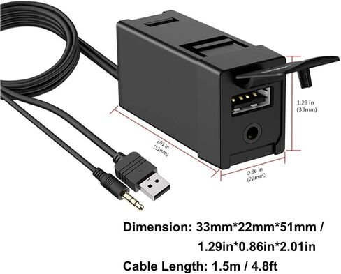 USB AUX Flush Mount - Car Dashboard Panel Jack Extension Cable Compatible with Toyota, 3.5mm & USB AUX Extension Mount Socket(Size: 1.29 X 0.86 X 2 inches) in Kuwait