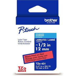 Brother Genuine P-Touch TZe Black Print on Red Label Tape (TZe431), Laminated,1/2in x 26.2ft (12mm x 8m), for Select P-Touch Label Makers, Durable, Water-Resistant, Indoor/Outdoor Use in Saudi Arabia
