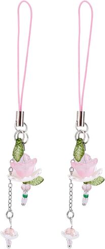 2PCS Lotus Flower Phone Strap ، زنك الزجاج الزجاجي الزهور ، سحر هاتف زهرة ، جمالية ، حزام معصم الأسود المفاتيح الأنيقة للنساء محفظة حقيبة in Kuwait