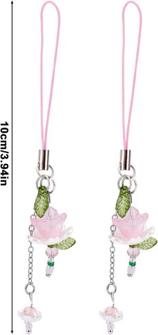 2PCS Lotus Flower Phone Strap ، زنك الزجاج الزجاجي الزهور ، سحر هاتف زهرة ، جمالية ، حزام معصم الأسود المفاتيح الأنيقة للنساء محفظة حقيبة in Kuwait