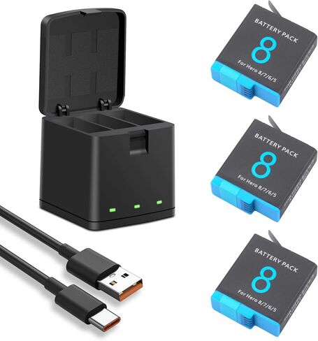 1500mAh 3-Pack Battery Compatible for GoPro Hero 8/7/6/5 Black Official with USB Storage 3-Channel LED USB and Type-C Fast Charger Box, Compatible Well with GoPro Hero 8 in Saudi Arabia