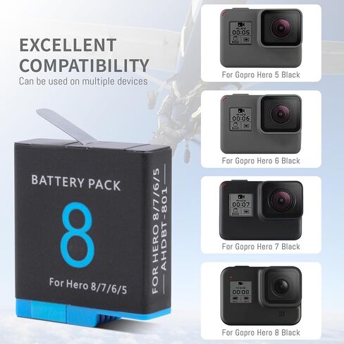 1500mAh 3-Pack Battery Compatible for GoPro Hero 8/7/6/5 Black Official with USB Storage 3-Channel LED USB and Type-C Fast Charger Box, Compatible Well with GoPro Hero 8 in Saudi Arabia