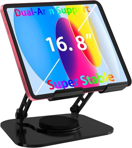 حامل الكمبيوتر اللوحي ، 360 ° دوران دعم مزدوج الذراع iPad ملحقات مكتب مكتب المكتب ، وملحقات سفر الهواء القابلة للطي على جهاز iPad للمواهب المكتبية التي تناسب كل قرص 4-16 "(أسود) in Kuwait