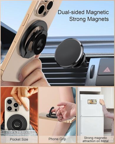 Phone Ring Holder Grip with Dual-Side Magnets, Universal Magnetic Kickstand Stand, Wireless Charging Friendly, Foldable for iPhone 17 Pro Max, Samsung, Case, Desk, Car Mount, MagSafe Compatible-Black in Saudi Arabia