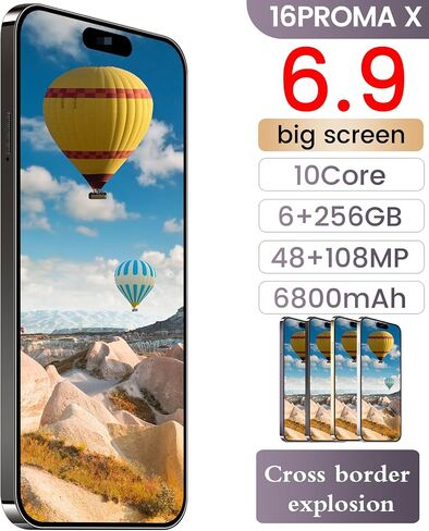 16Proma x Smartphone Smartphone 6.9 "HD Screen 6+256GB الهاتف الذكي مع بطاقة ذاكرة 128G نظام جديد 6800 مللي أمبير في الساعة بطارية مزدوجة SIM/Photeprint معرف/GPS (أسود) in Kuwait
