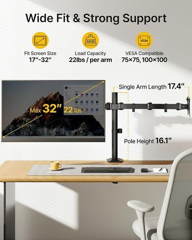 Montek مستقر Dual Monitor Stand for 17 "–32" شاشات الكمبيوتر ، وتركيب مكتب شاق مع 22 رطلا لكل ذراع ، والأسلحة القابلة للتعديل بالكامل ، وقاعدة المشبك/grommet ، Vesa 100 × 100 مم كحد أقصى in Saudi Arabia