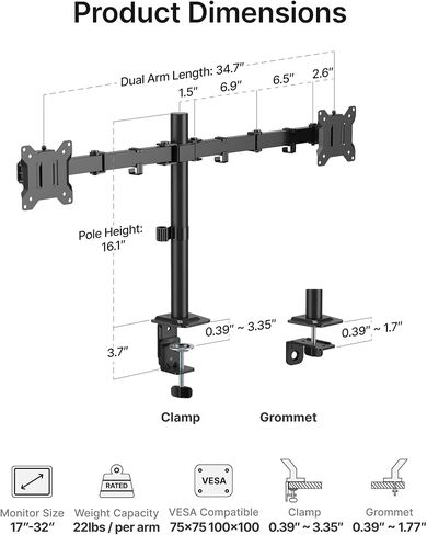 Montek مستقر Dual Monitor Stand for 17 "–32" شاشات الكمبيوتر ، وتركيب مكتب شاق مع 22 رطلا لكل ذراع ، والأسلحة القابلة للتعديل بالكامل ، وقاعدة المشبك/grommet ، Vesa 100 × 100 مم كحد أقصى in Saudi Arabia