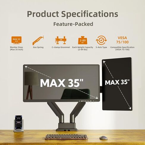Claiks Dual Monitor Mount for Max 35 inch Screens Stand up to Max 89 lbs, Ergonomic Gas Spring Heavy-Duty Adjustable Monitor Arm, with Clamp and Grommet Base, VESA Mounting Holes 75&100mm, Black in Kuwait