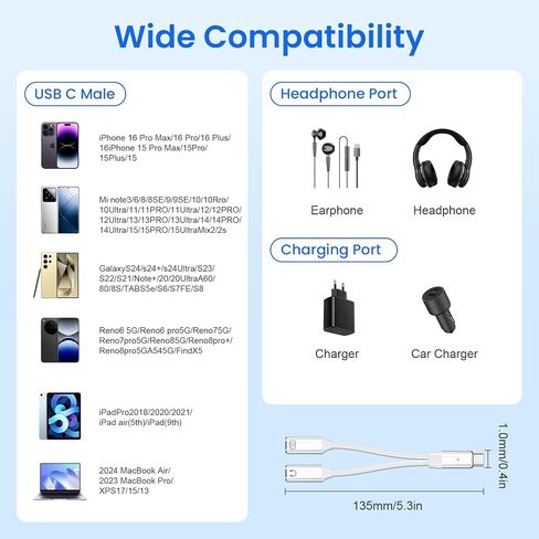 USB C Splitter 1 في 2 Out Out USB-C محول الشحن ، محول نقل/تحويل بيانات/صوتية/بيانات من النوع C PD 100W-أبيض in Kuwait