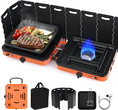 SHINESTAR Dual-Burner Camping Stove with Carrying Bag, Foldable Portable Stove for Camping, 17000 BTU Camp Stove with 2 Adjustable Propane Burners, for Outdoor Cooking, RV Trips, or Emergencies in Saudi Arabia