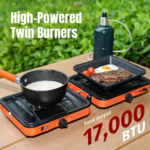 SHINESTAR Dual-Burner Camping Stove with Carrying Bag, Foldable Portable Stove for Camping, 17000 BTU Camp Stove with 2 Adjustable Propane Burners, for Outdoor Cooking, RV Trips, or Emergencies in Saudi Arabia