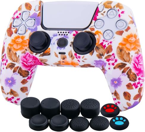 Water Transfer Printing Silicone Thickened Cover Skin Case for PS5 Controller x 1(Flowers) with Thumb Grips x 10 in Saudi Arabia