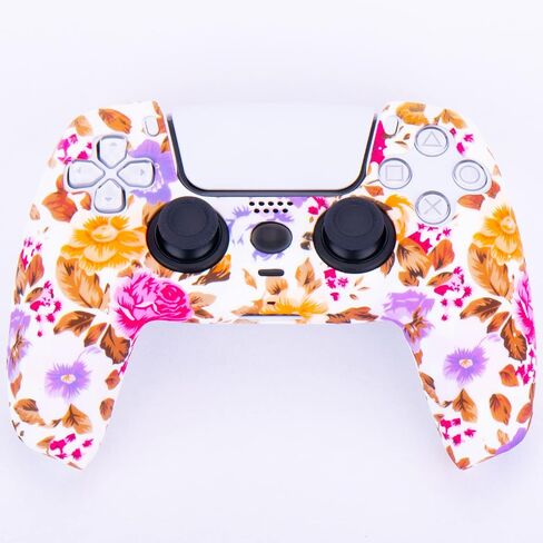 Water Transfer Printing Silicone Thickened Cover Skin Case for PS5 Controller x 1(Flowers) with Thumb Grips x 10 in Saudi Arabia