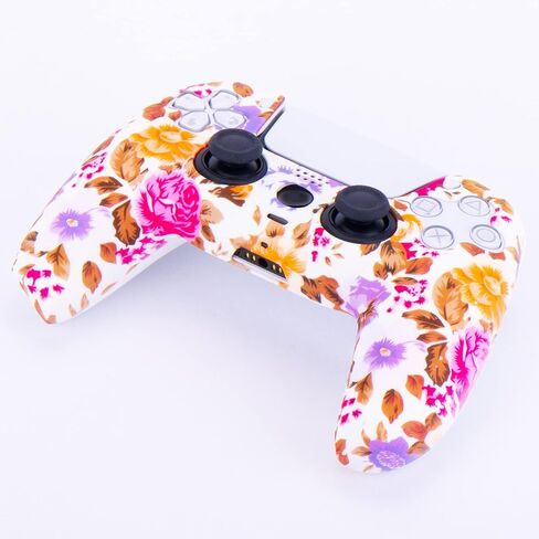 Water Transfer Printing Silicone Thickened Cover Skin Case for PS5 Controller x 1(Flowers) with Thumb Grips x 10 in Saudi Arabia
