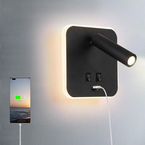 USB Rechargeable Aluminum LED with Interior Wall Adjustable Spotlight Reading lamp for Hallway Bedroom Stairs Hotels Indoor Bedside Lamp 3000K(White Square) in Saudi Arabia