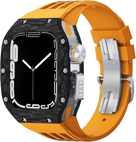 لسلسلة Apple Watch Band Series 8 7 44mm 45mm 45 ملم مجموعة تعديل فاخرة فليوروببر حزام ألياف الكربون ， لـ IWatch SE 6 5 4 DIY Mod Kit in Saudi Arabia