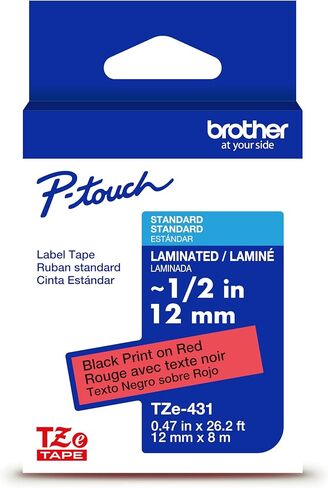 Brother Genuine P-Touch Tze Black Print on Red Label Tape (Tze431) ، مغلفة ، 1/2 بوصة × 26.2 قدمًا (12 مم × 8M) ، لصناع الملصقات P-Touch ، متينة ، مقاومة للماء ، داخلي/داخلي/خارجي in Saudi Arabia