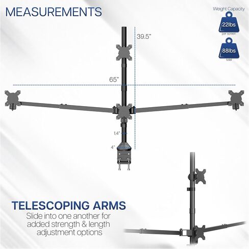 VIVO Premium Quad Ultra Wide LCD LED 27 to 38 inch Monitor Desk Mount, Heavy Duty C-clamp, Extra Tall Pole, Adjustable Telescoping Arms, Flush Wall Setup, Fits 4 Screens, Black, STAND-TS4CT in Saudi Arabia