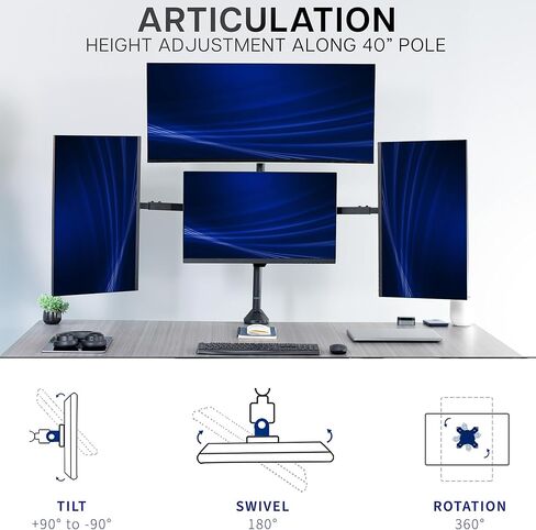 VIVO Premium Quad Ultra Wide LCD LED 27 to 38 inch Monitor Desk Mount, Heavy Duty C-clamp, Extra Tall Pole, Adjustable Telescoping Arms, Flush Wall Setup, Fits 4 Screens, Black, STAND-TS4CT in Saudi Arabia