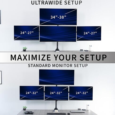 VIVO Premium Quad Ultra Wide LCD LED 27 to 38 inch Monitor Desk Mount, Heavy Duty C-clamp, Extra Tall Pole, Adjustable Telescoping Arms, Flush Wall Setup, Fits 4 Screens, Black, STAND-TS4CT in Saudi Arabia