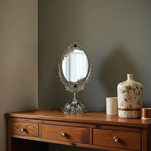Feyarl 15Inch Metal Vintage Makeup Mirror Tabletop Oval Cosmetic Vanity Mirror Stand Double Sided Swivel Mirror with Embossed Frame Base Decorative Elegant Mirror for Bathroom Bedroom Dresser Tabletop in Kuwait