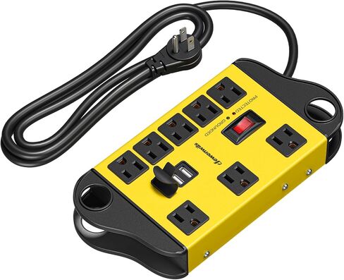 DEWENWILS 8 منافذ معدنية لقطاع الطاقة مع منفذي USB، سلك تمديد مسطح بطول 15 قدمًا، قطاع طاقة صناعي عالي التحمل، قاطع دائرة 15 أمبير، 1440 جول، حامل على الحائط، مدرج في قائمة UL باللون الأصفر in Kuwait