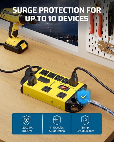 DEWENWILS 8 منافذ معدنية لقطاع الطاقة مع منفذي USB، سلك تمديد مسطح بطول 15 قدمًا، قطاع طاقة صناعي عالي التحمل، قاطع دائرة 15 أمبير، 1440 جول، حامل على الحائط، مدرج في قائمة UL باللون الأصفر in Kuwait
