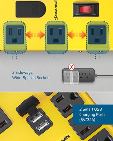 DEWENWILS 8 منافذ معدنية لقطاع الطاقة مع منفذي USB، سلك تمديد مسطح بطول 15 قدمًا، قطاع طاقة صناعي عالي التحمل، قاطع دائرة 15 أمبير، 1440 جول، حامل على الحائط، مدرج في قائمة UL باللون الأصفر in Kuwait