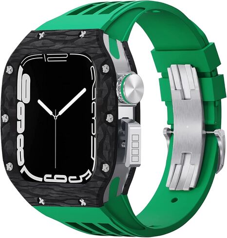 For Apple Watch Band Series 8 7 44mm 45mm Luxury Modification Kit Fluororubber Strap Carbon Fiber Case，For IWatch SE 6 5 4 Diy Mod Kit in Saudi Arabia