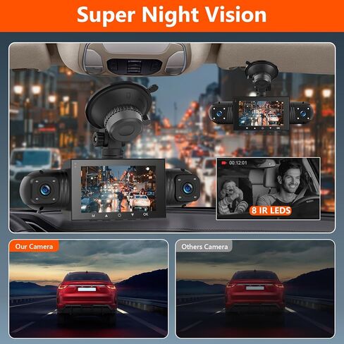 Podofo 360° Dash Cam Front and Rear Inside,4 Channel 3" IPS Touchscreen Dash Cam Front and Rear Inside Left Right,4*1080P Dash Camera with 8 IR Night Vision,Loop Recording,G-Sensor,24 Hours Recording in Saudi Arabia