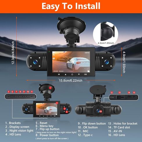 Podofo 360° Dash Cam Front and Rear Inside,4 Channel 3" IPS Touchscreen Dash Cam Front and Rear Inside Left Right,4*1080P Dash Camera with 8 IR Night Vision,Loop Recording,G-Sensor,24 Hours Recording in Saudi Arabia