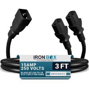IronBox Electric Black IEC C20 to 2X C13 Y Splitter Cord – 5ft (1foot leg) - 15A/250V - 14/3 AWG - UL Listed Power Outlet Splitter - Heavy Duty Power Extension Cable for Monitor, Computer & More (6ft) in Saudi Arabia