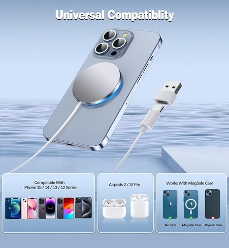الشاحن اللاسلكي المغناطيسي 15W شاحن سريع الشحن Apple Mag-Safe لـ iPhone 15/14/13/12 Pro/Max/Plus/Mini و AirPods 3/2/Pro 2/Pro Portable Magnet Charger مع منافذ شحن مزدوجة in Kuwait