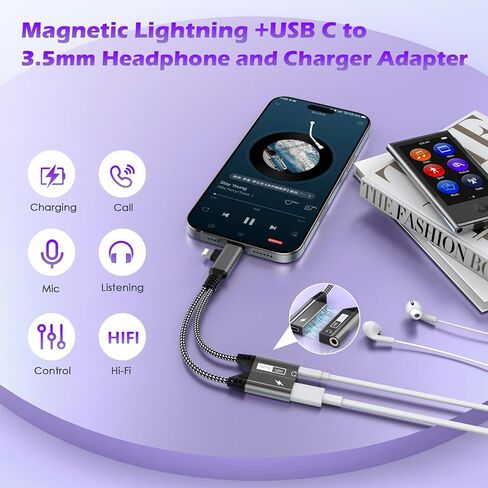 2-in-2 Lightning/USB C to 3.5mm Aux Audio Jack Headphone+Type-C Magnetic Charge Cable Splitter for iPhone,【Apple MFi Certified】 Earphone Converter Adapter for Music+Charge for iPhone14 13,iPad,Samsung in Saudi Arabia