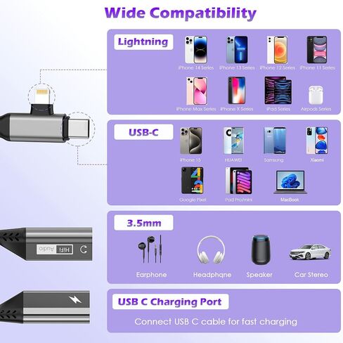 2-in-2 Lightning/USB C to 3.5mm Aux Audio Jack Headphone+Type-C Magnetic Charge Cable Splitter for iPhone,【Apple MFi Certified】 Earphone Converter Adapter for Music+Charge for iPhone14 13,iPad,Samsung in Saudi Arabia