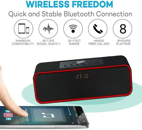 Portable Bluetooth Speaker, with10W Acoustic Driver, LED Display, FM Radio, Alarm Clock, Handsfree Speakerphone, Slots for Micro SD Card & USB & AUX-in, for Smart Phone, Tablet and More(DY22L-Black) in Saudi Arabia