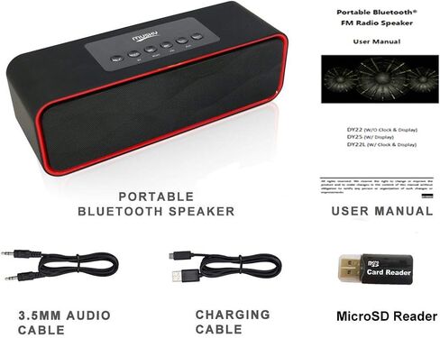 Portable Bluetooth Speaker, with10W Acoustic Driver, LED Display, FM Radio, Alarm Clock, Handsfree Speakerphone, Slots for Micro SD Card & USB & AUX-in, for Smart Phone, Tablet and More(DY22L-Black) in Saudi Arabia