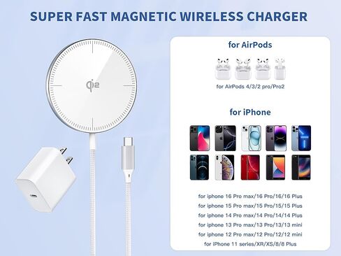 [QI2 معتمد] شاحن iPhone اللاسلكي المغناطيسي ، 6ft 25W MAGSAFE FAST PAD PAD POWER POWER OUSBC 16 كتلة شاحن مغناطيسي للكابلات المضفرة لـ iPhone 16 Pro Max/16 Plus/15 Pro Max/14/13/12/Airpods 3/2 in Kuwait