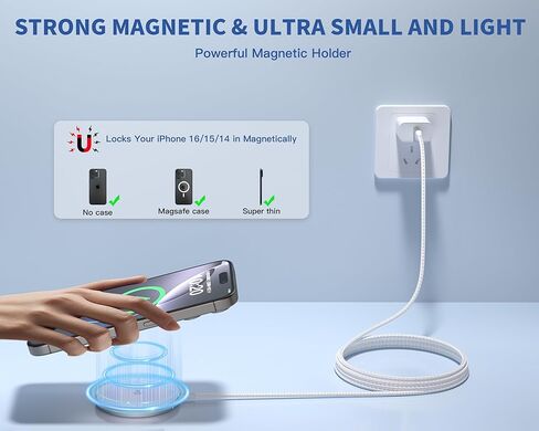 [QI2 معتمد] شاحن iPhone اللاسلكي المغناطيسي ، 6ft 25W MAGSAFE FAST PAD PAD POWER POWER OUSBC 16 كتلة شاحن مغناطيسي للكابلات المضفرة لـ iPhone 16 Pro Max/16 Plus/15 Pro Max/14/13/12/Airpods 3/2 in Kuwait