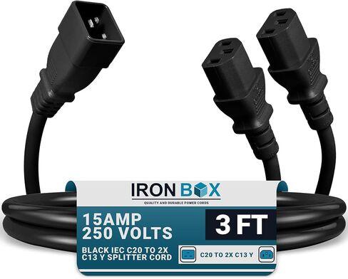 IronBox Electric Black IEC C20 to 2X C13 Y Splitter Cord – 5ft (1foot leg) - 15A/250V - 14/3 AWG - UL Listed Power Outlet Splitter - Heavy Duty Power Extension Cable for Monitor, Computer & More (6ft) in Saudi Arabia
